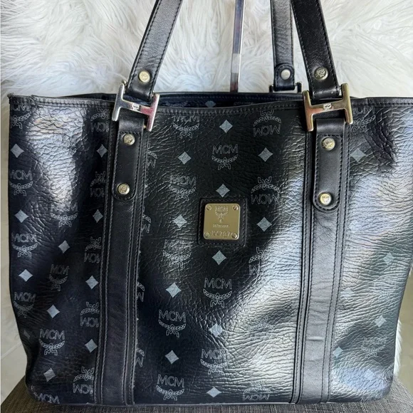MCM Black Visetos Logo Tote